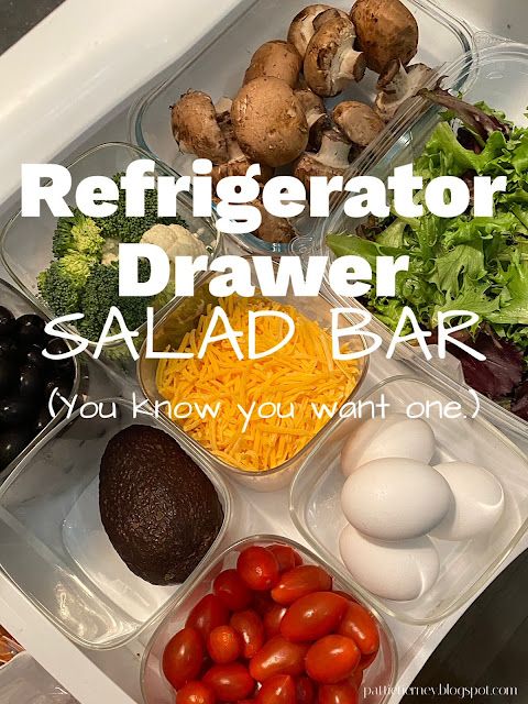 an image of a refrigerator drawer with food in it and the words refrigerator drawer salad bar