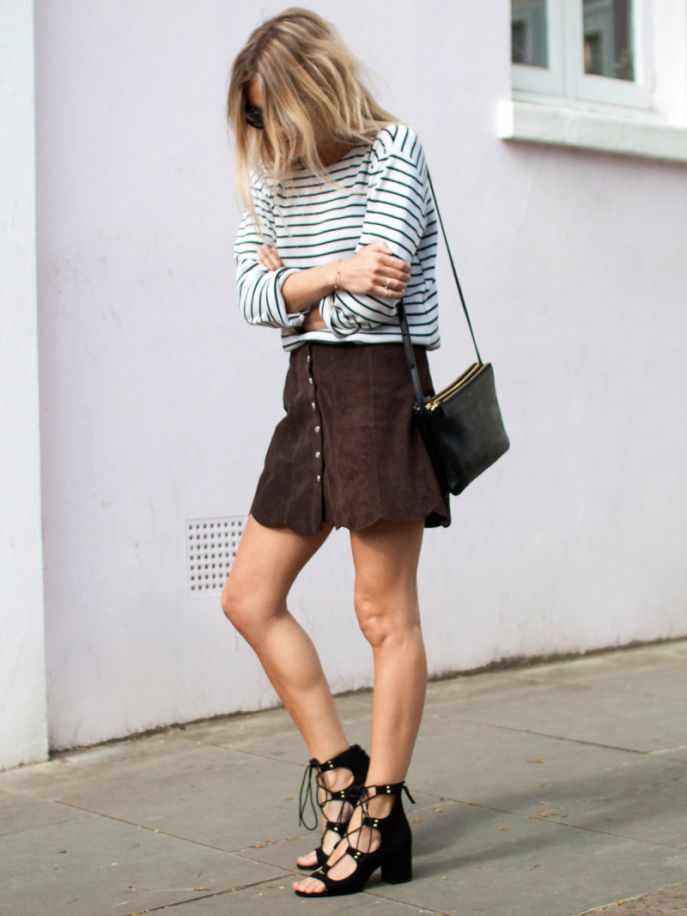 Scallope Button Front Skirt,  Striped Black and White Sweater and Lace Heels. Brown Suede Skirt, Fashion Me Now, Lucy Williams, Button Front Skirt, Skirt Trends, Pretty Designs, Suede Skirt, Mode Inspiration, Signature Style