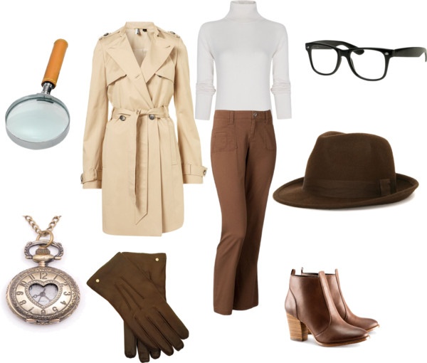 a woman's outfit and accessories including boots, hat, glasses, trench coat, watch