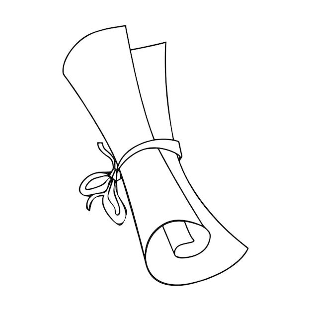 a black and white drawing of a rolled up piece of paper with a ribbon tied around it