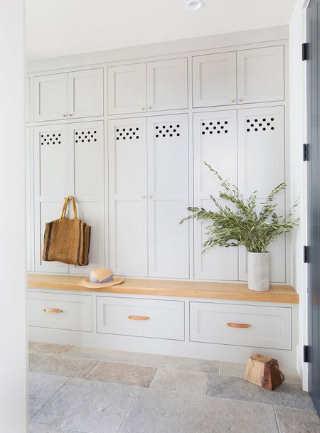 a room with white cupboards and a plant on the bench in front of it