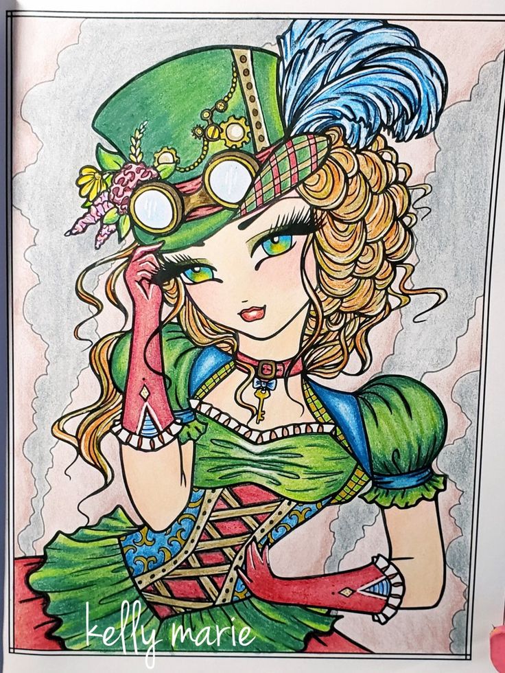 a drawing of a woman wearing a green hat and dress with feathers on her head