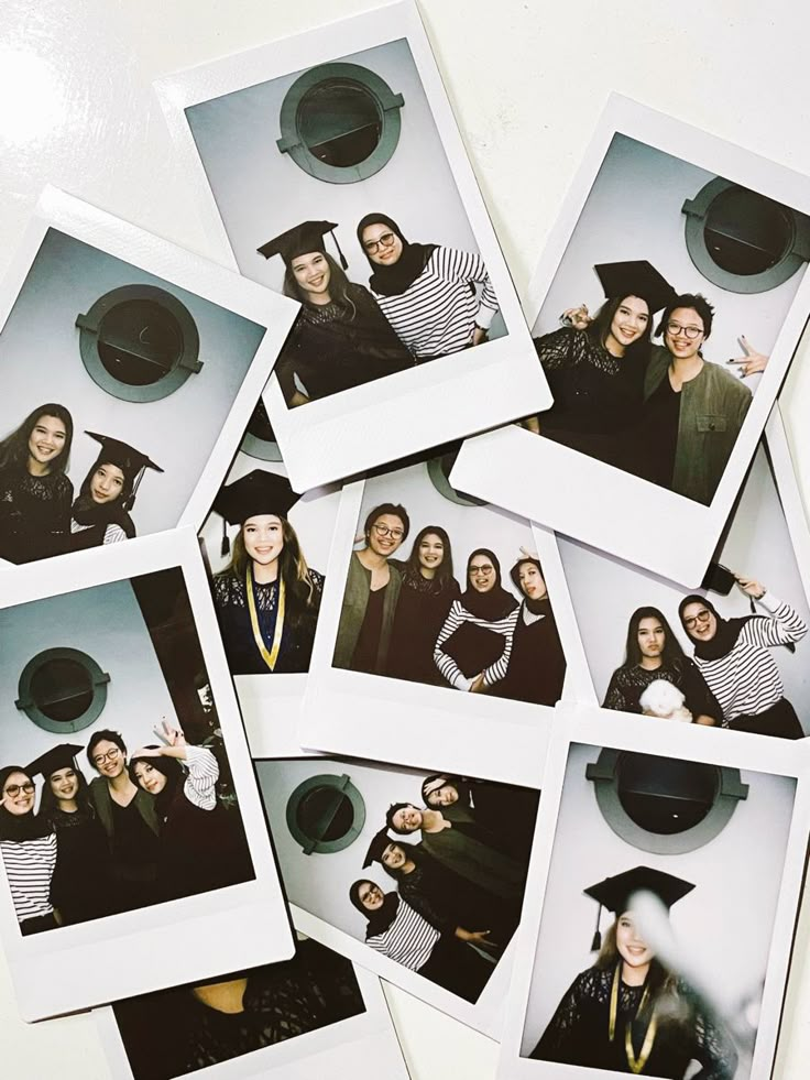 several polaroid photographs of people in graduation caps and gowns, all with hats on their heads