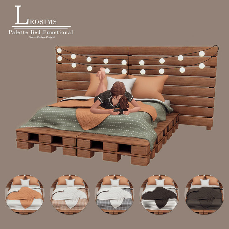 the bed is made out of wooden pallets and has four pillows on each side