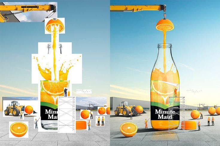 an orange juice advertisement is shown in three different stages, including the bottle being filled with oranges