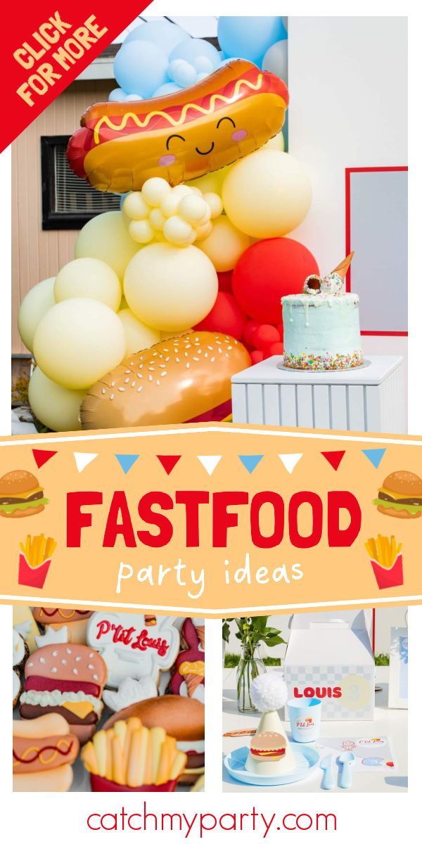 a fast food party with hot dogs, hamburgers and buns on it is featured in this postcard