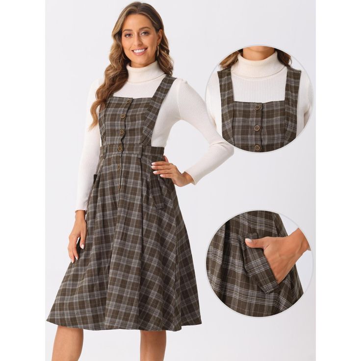 Allegra K's retro plaid dress is preppy and casual, ideal for women, ladies, or students. Featuring a flattering A-line silhouette, this overall suspender skirt suits various body types. The dress includes design elements such as a square neck, sleeveless cut, button front, high waist, belted waist, and side pockets. Perfect for casual daily wear, school days, cafe or tea time, office work, shopping, weekends, dating, street style, and graduation ceremonies. The dress is easy to pair with differ Retro Plaid Dress, Flowy Midi Dress, Elegant Midi Dresses, Target Clothes, Puff Long Sleeves, Midi Dress Casual, Suspender Dress, Sweater Dress Midi, Khaki Dress