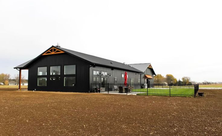 a black building with a red flag on it's roof