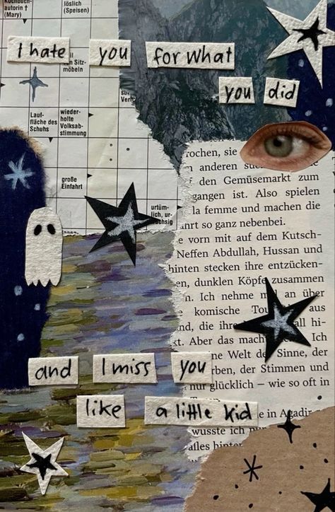 an altered collage with words and pictures on it, including stars in the sky