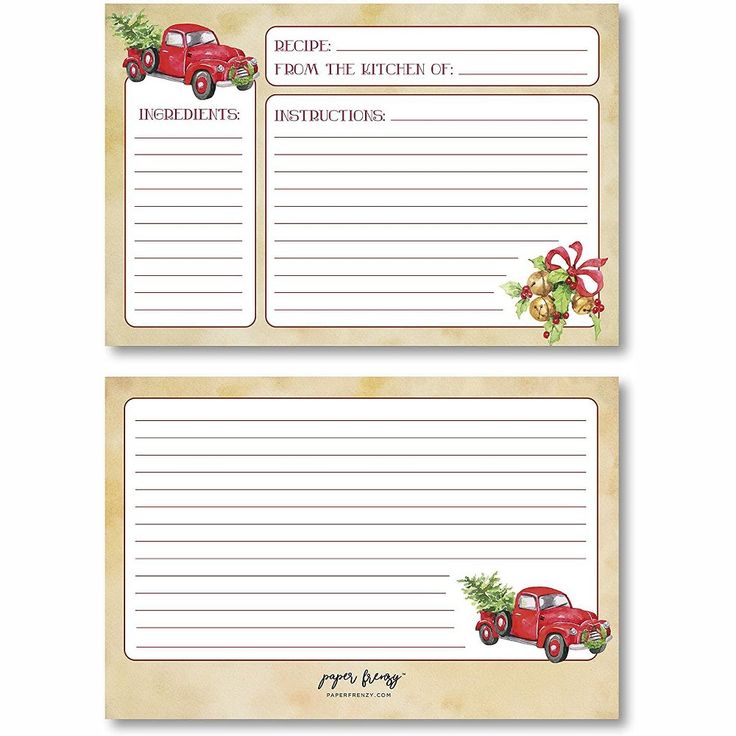 two christmas recipe cards with an old red truck