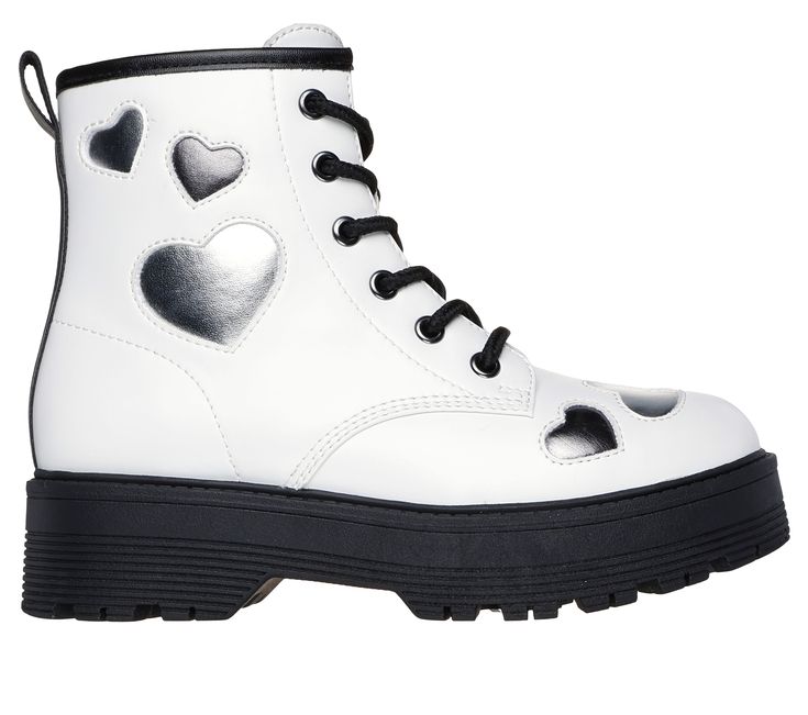 Have them looking oh-so-cool wearing Skechers Gravlen Hi - Metallic Heart. This mid-calf lace-up boot is embellished with metallic cut-out hearts and features a smooth faux-leather upper, side-zip closure, and a rugged, platform midsole. | Skechers Girl's Gravlen Hi - Metallic Heart Boots | Medium Width | Skechers easy on, easy off Adaptive Closure for a customized fit | Cushioned comfort insole | Smooth faux-leather upper with metallic cut-out heart embellishments | Mid-calf boot with side zipp Trendy Round Toe Boots For Valentine's Day, Heart Boots, Heart Embellishments, Summer Clearance Sale, Summer Clearance, Girls Shoes Kids, Wide Shoes, 4 Inch Heels, Mid Calf Boots