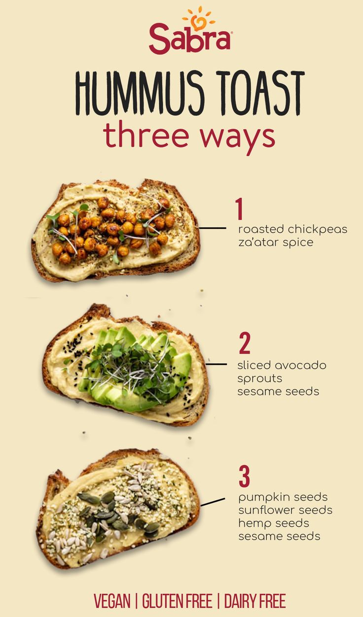 three toasts with different types of toppings on them and the words, sabra hummus toast three ways