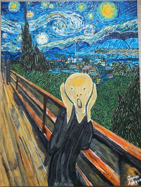 a painting of a dog sitting on a bench in front of a starry night