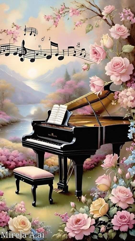 a painting of a piano and flowers