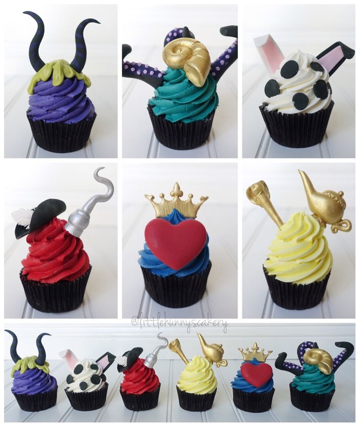 cupcakes decorated in different colors and designs