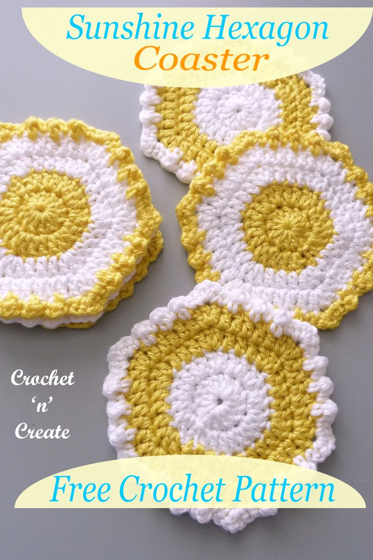 three crocheted coasters with the words sunshine hexagon coaster on them