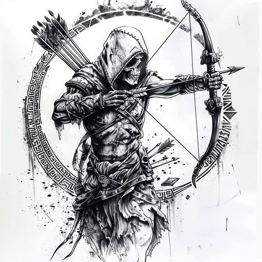 a black and white drawing of a person with a bow and arrow in his hand