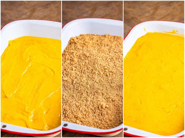 three pictures showing how to make a cake batter in a baking dish