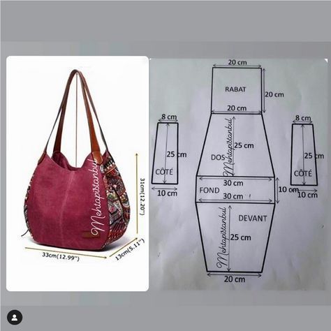 an image of a handbag with measurements