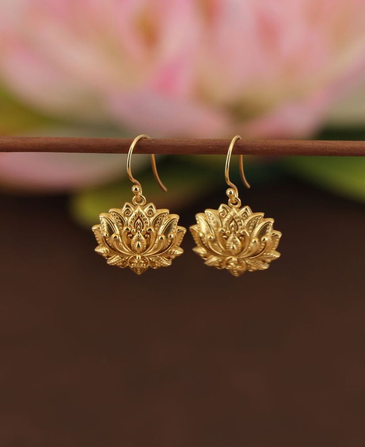 Blooming Lotus Earrings – Buddha Groove Lotus Flower Earrings, Gold Pendant Designs, Indian Gold Earrings, Delicate Gold Earrings, The Lotus Flower, Gold Jhumka Earrings, Neck Pieces Jewelry, Gold Jewelry Outfits, Blooming Lotus