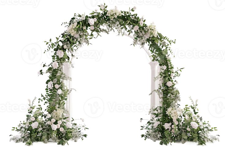 an arch with white flowers and greenery on the sides is isolated against a white background