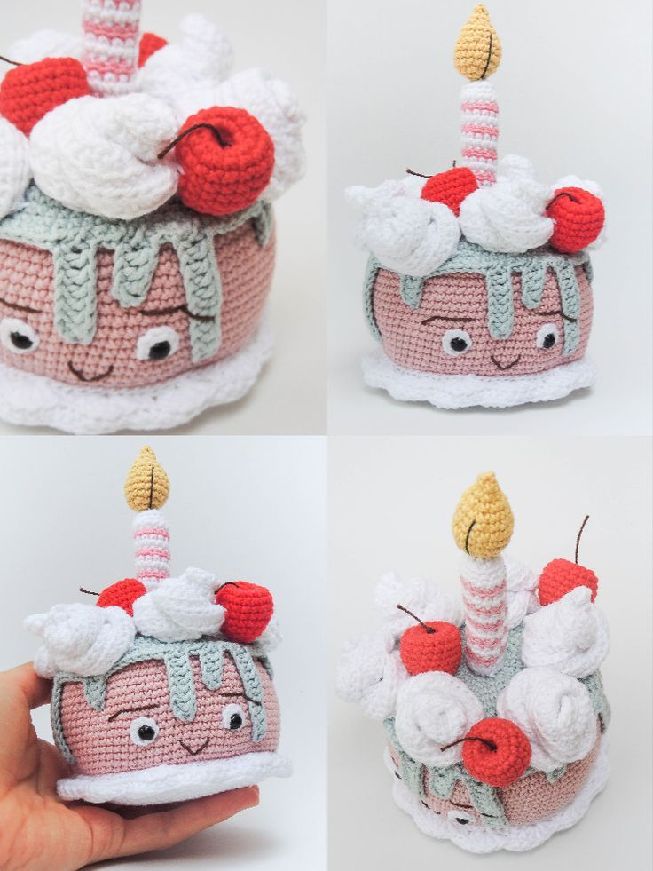 crocheted birthday cake with candles on top, and four pictures of the same cake