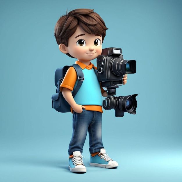 a young boy with a camera and backpack is standing in front of a blue background