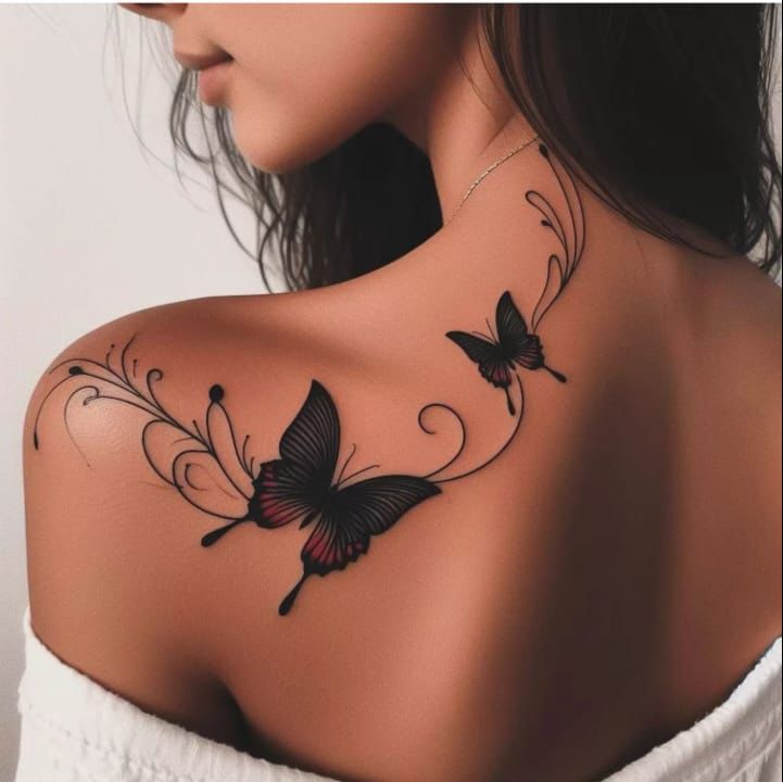 a woman's shoulder with butterflies on it