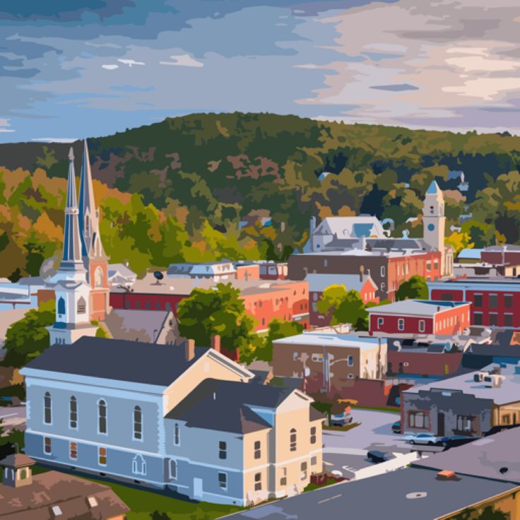 a painting of a town with mountains in the background and trees on both sides of it