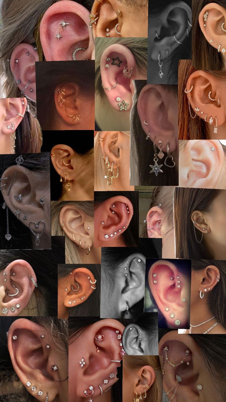 many different types of ear piercings are shown in this collage with multiple images