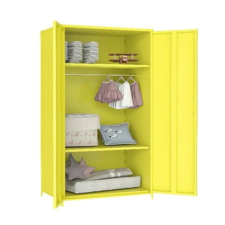 a yellow bookcase with clothes and other items in it on a white background,