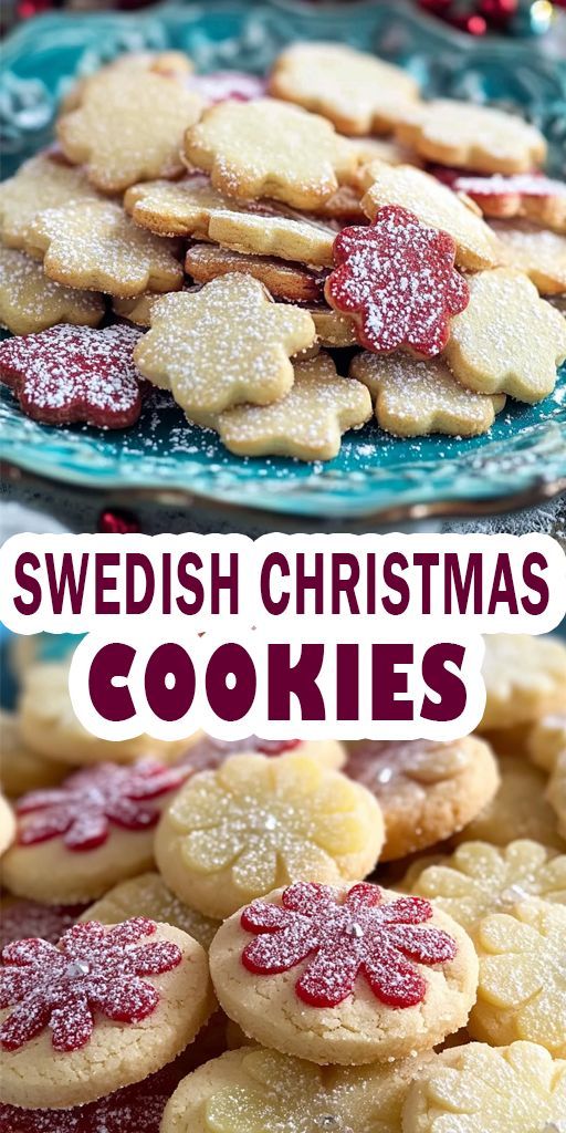 swedish christmas cookies with powdered sugar and cranberry toppings on blue plates