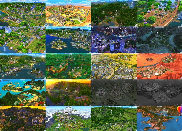 many different pictures of the same area in an animated world, including land and water