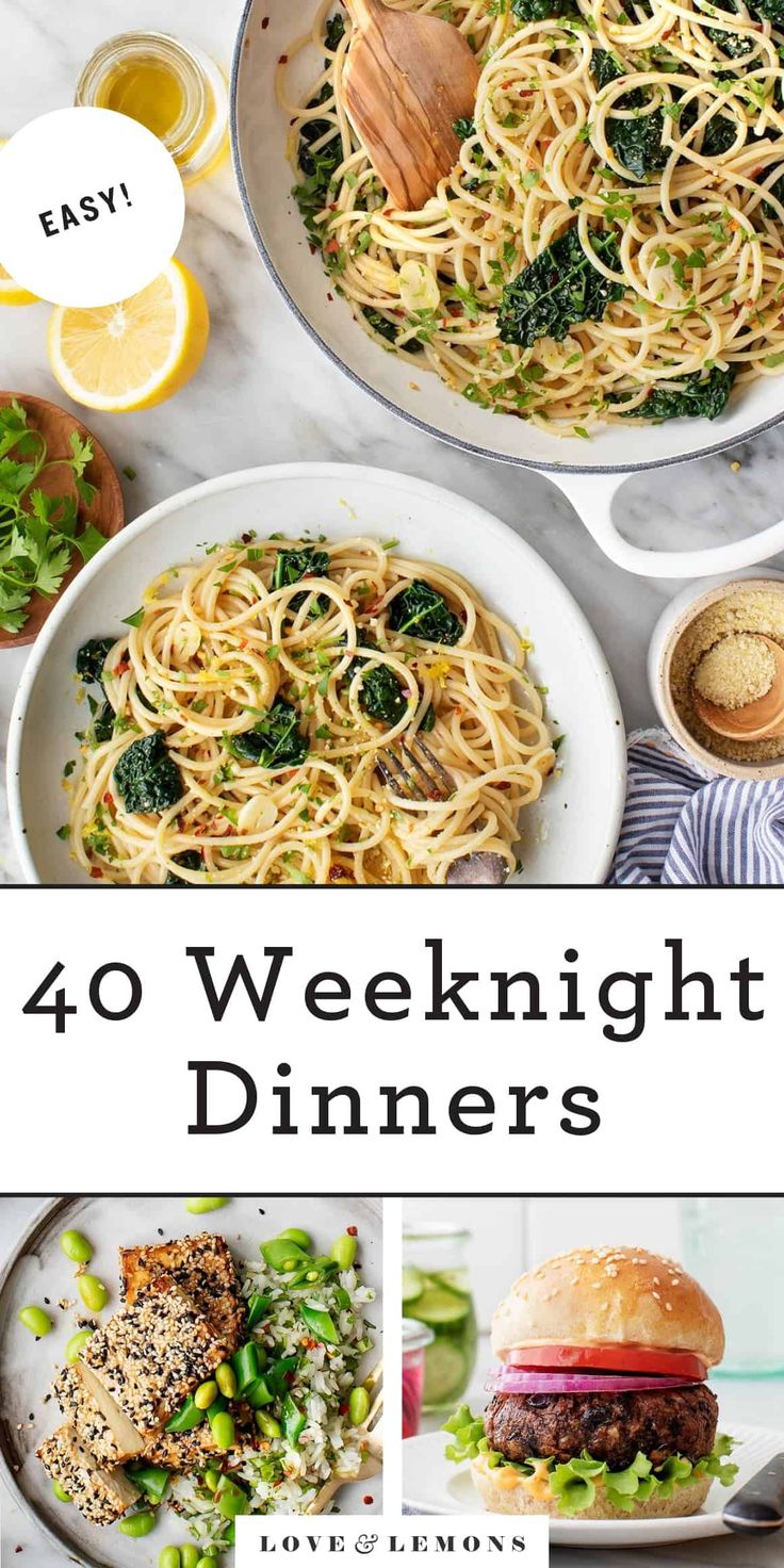 the cover of 40 weeknight dinners is shown with pictures of food and drinks on it