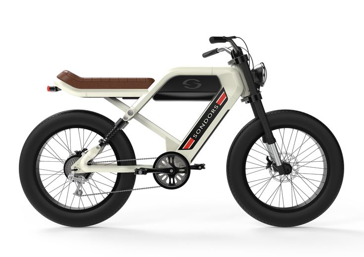 an electric bike is shown in white and brown colors, with the seat folded up