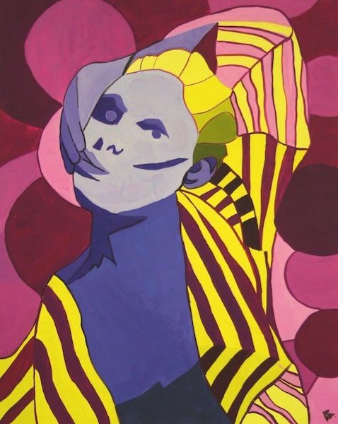 a painting of a man in yellow and purple striped clothing with his hand on his head