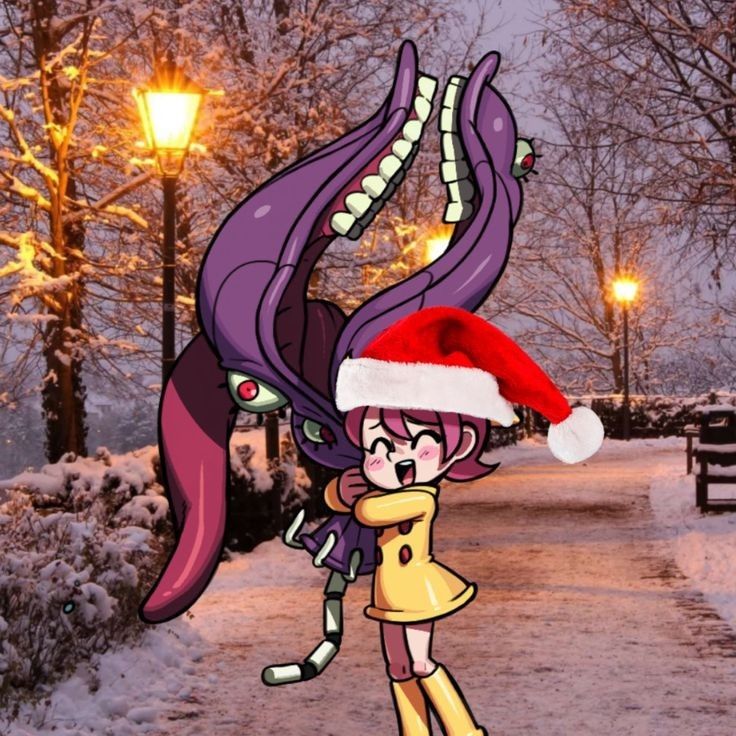 a cartoon character wearing a santa hat and holding an octopus like object in the snow