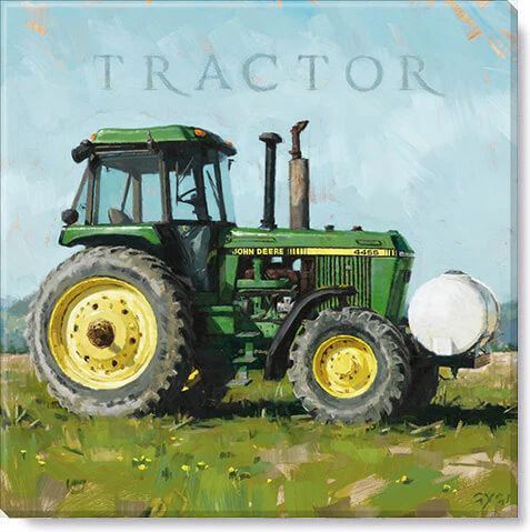 a painting of a tractor in a field with the words tractor on it's side