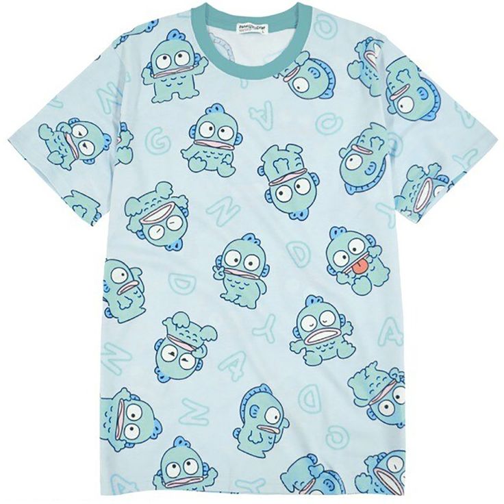 Express Your Unique Harajuku Style With Our Sanrio Hangyodon Expression Aop Tee! This Kawaii All-Over Print Rave T-Shirt Captures The Fun Expressions Of Hangyodon, Making It A Playful Addition To Your Wardrobe. Sanrio Hangyodon Expression Aop Tee Official Licensed 65% Polyester 35% Cotton Crew Neckline Short Sleeves Unisex Fitting Blue/Multi Size Measurement: (M) Medium: Length: 26.25" , Width: 19.25" (L) Large: Length: 27.50" , Width: 20.50" (Ll) X-Large: Length: 28.75" , Width: 21.75" Playful Short Sleeve T-shirt With All Over Print, Blue Character Print T-shirt For Summer, Playful White Top With All Over Print, Harajuku Style Printed Short Sleeve Tops, Kawaii Graphic Print Tops With Relaxed Fit, Kawaii Graphic Print Top With Relaxed Fit, Kawaii Relaxed Fit Top With Graphic Print, Harajuku Style Cotton Printed Top, Cotton Harajuku Printed Tops