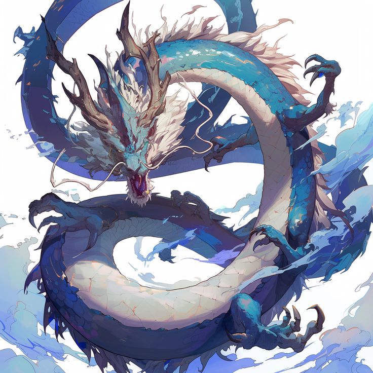 a blue and white dragon with its mouth open