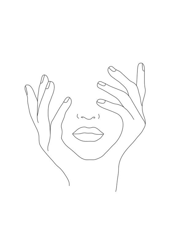 a woman's face with her hands over her eyes, drawn in one line