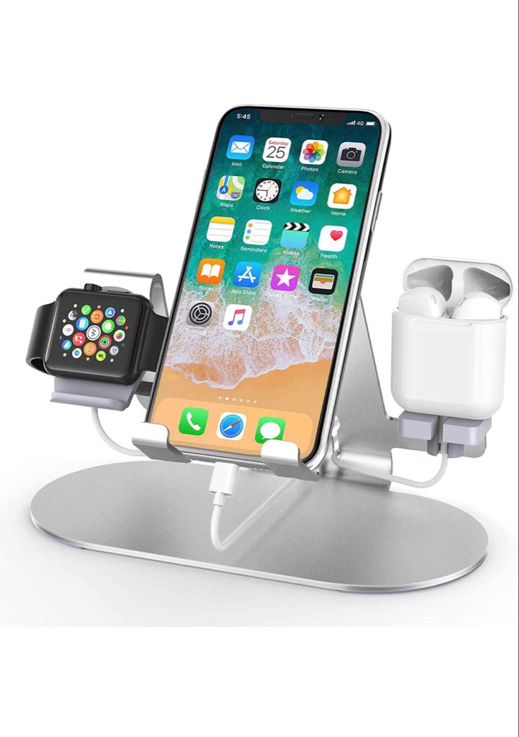 an iphone and apple watch charging on a charger with the dock attached to it