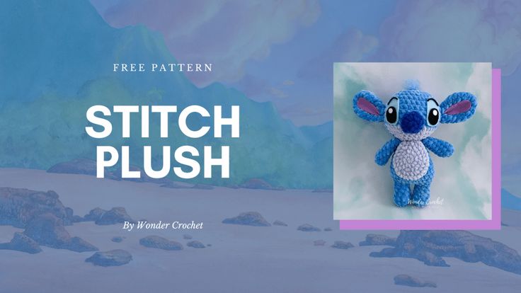 the stitch plush is sitting in front of a blue background with an image of a cartoon character