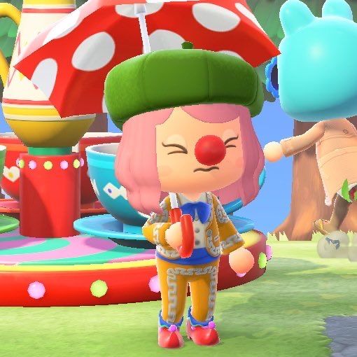 an animal crossing character standing in front of a mushroom - like area with other animals