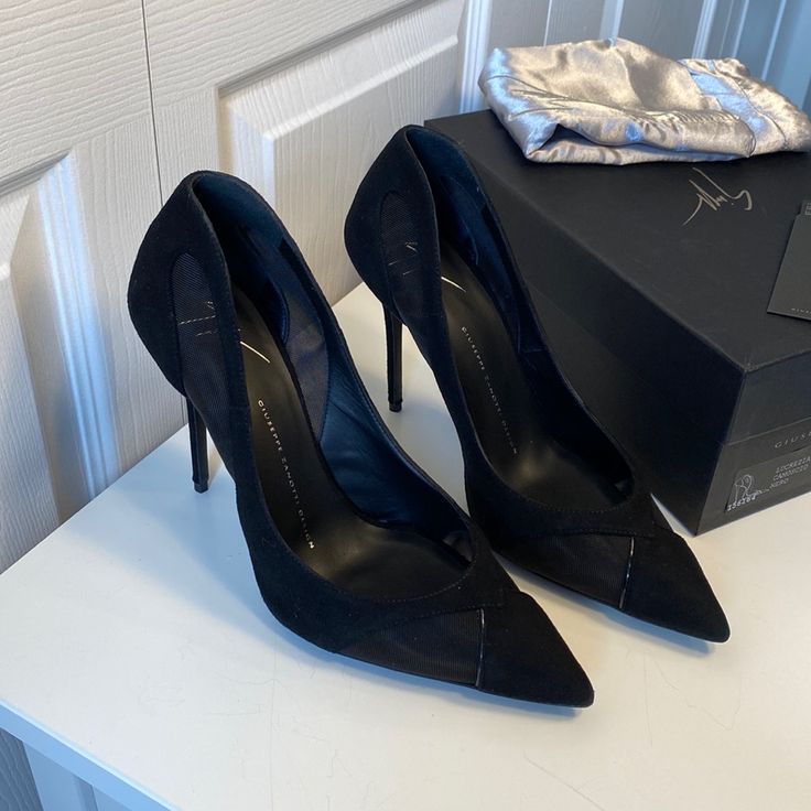 Brand New, Giuseppe Zanotti Size 39.5 Black Suede And Mesh High Heel, Pointed Toe Style Stiletto. Condition: Pristine, Never Worn, Includes Original Box, Dust Bag And Authenticity Card Suede Heels For Party With Pointed Toe, Elegant Court Shoes With Reinforced Heel For Night Out, Suede Pointed Toe Evening Heels, Pointed Toe Suede Heels For Evening, Suede Pointed Toe Heels For Evening, High Heel Suede Court Shoes For Evening, Suede High Heel Court Shoes For Evening, Luxury Pointed Toe Evening Heels, Suede Court Shoes For Evening