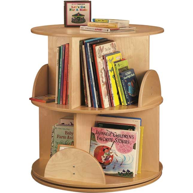 a wooden book shelf with books on top of it and two shelves holding children's books