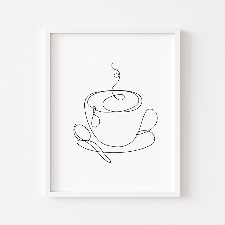 a black and white drawing of a coffee cup with spoons in it on a wall