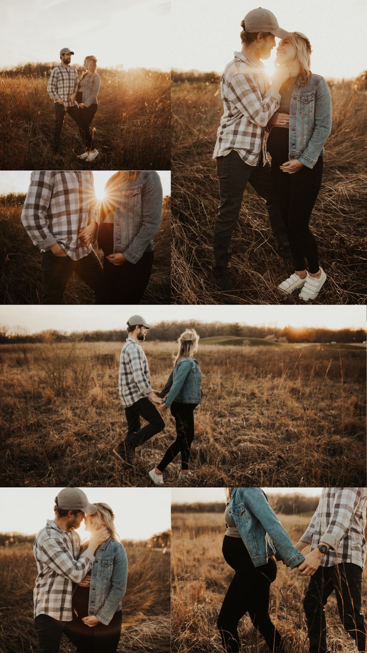 two people standing in the middle of a field with their arms around each other and kissing