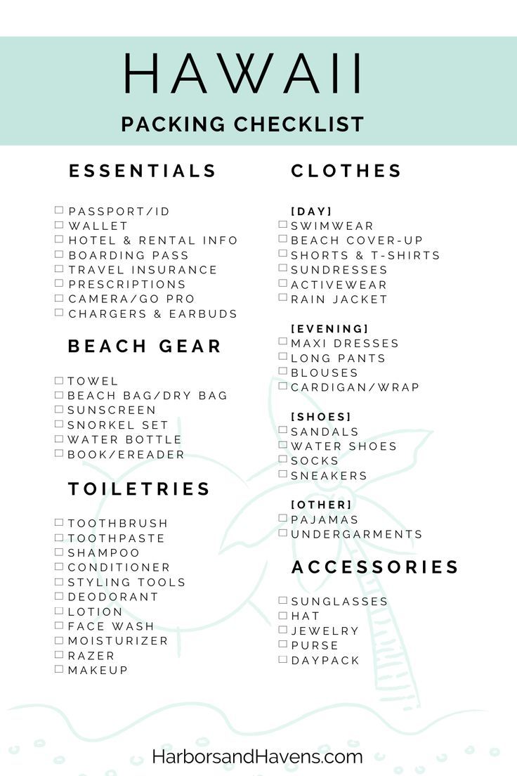 the hawaii packing checklist with text overlay