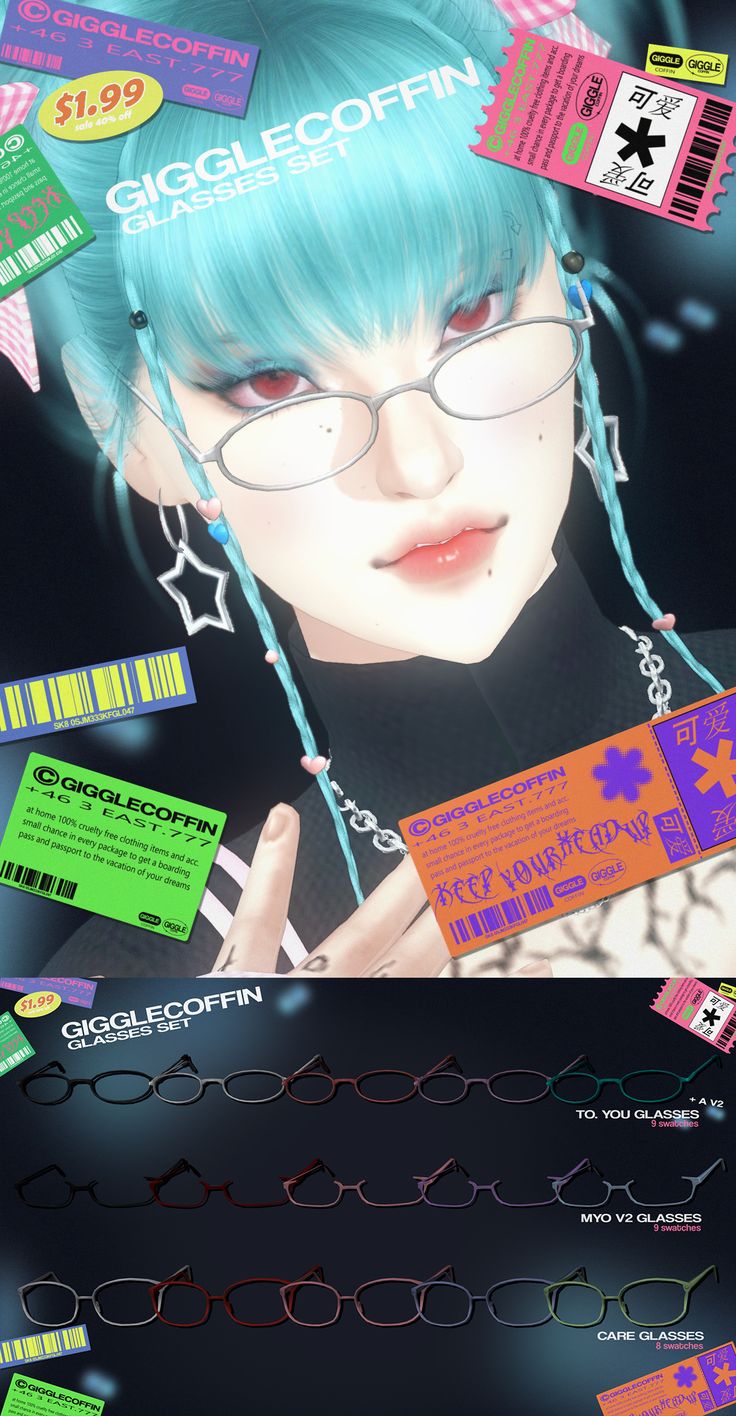 an image of a woman with blue hair and glasses in front of a black background